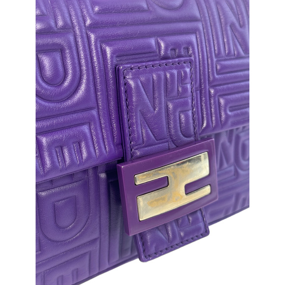 Fendi Purple Nappa Embossed Logo Leather Shoulder Baguette Bag - Picture 6 of 11